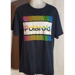 𝅺Polaroid T Shirt Size Large Black and Rainbow Neon Colors Unisex Graphic Tee